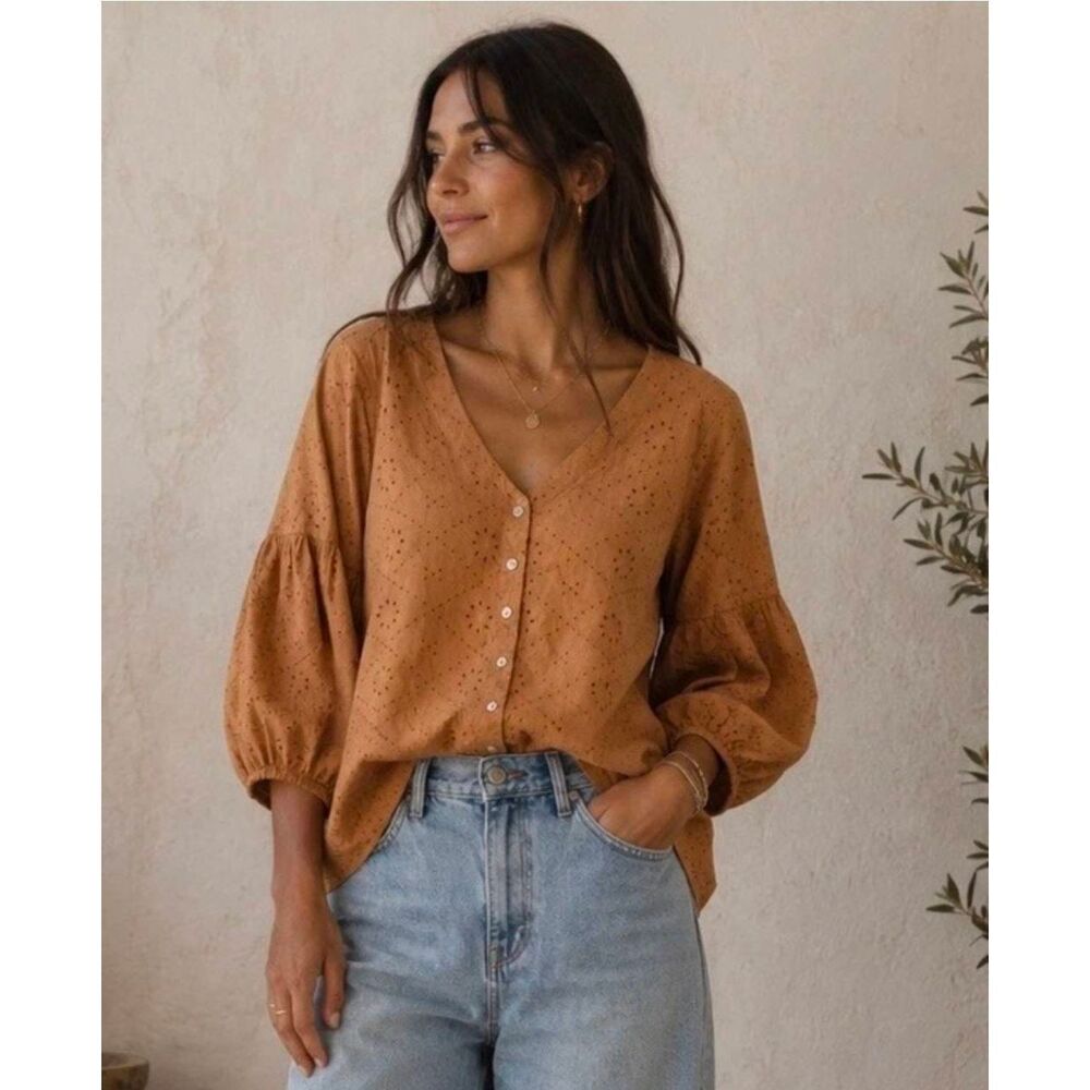 J. Jill Semi-Sheer Eyelet Balloon Sleeve Cotton Peasant Blouse Sz. 2X